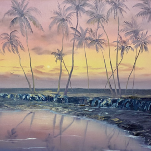 "Palm-Gilded Sunset Embrace"