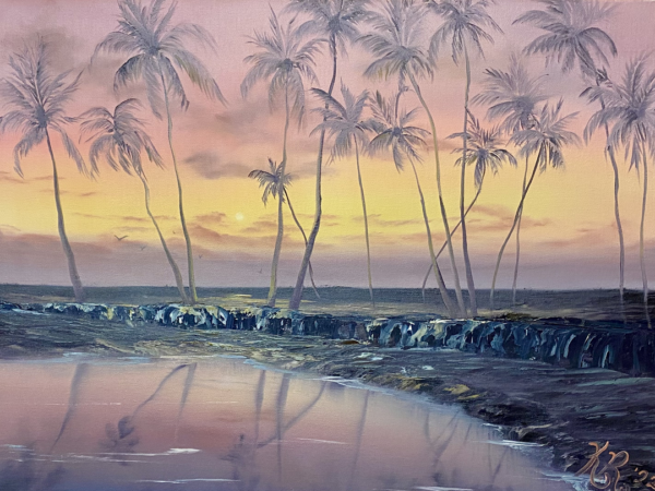 "Palm-Gilded Sunset Embrace"