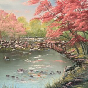 Garden landscape painting with pink flowering trees, a calm pond, rocks, and a small wooden bridge surrounded by greenery.