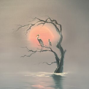 Painting of two herons perched on bare branches above still water with a soft pink glowing sky behind them.