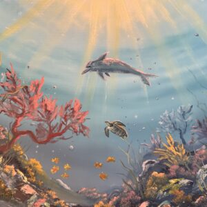 Underwater ocean painting with sun rays, a dolphin near the surface, a sea turtle below, colorful coral, and small fish moving through blue water.