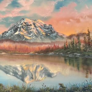 Mountain landscape painting with a snow-capped peak reflected in a calm lake beneath a softly glowing sky.