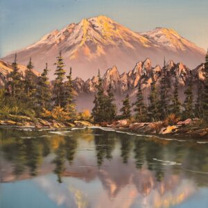 Snow-capped mountain painting with warm golden light, evergreen trees, and a lake reflecting the mountain and sky.