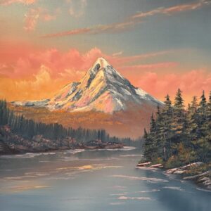 Painting of a snow-capped mountain glowing with pink and orange light above calm water and evergreen trees.